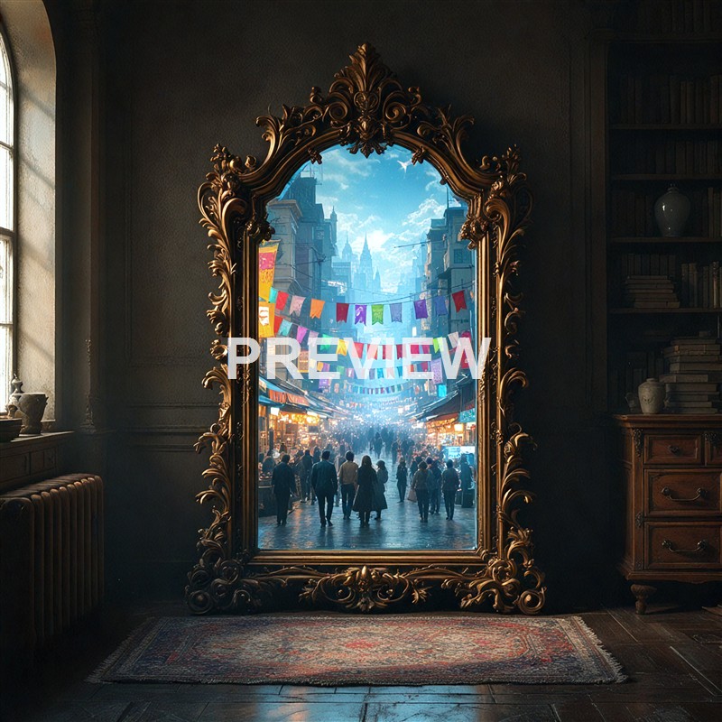 A bustling city street scene with colorful banners hanging overhead, viewed through an ornate gold-framed mirror inside a dimly lit room, with the city skyline and bright blue sky in the background.
